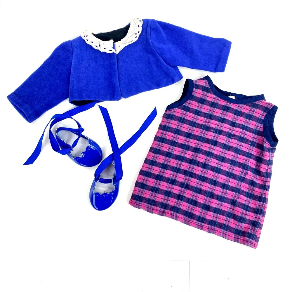 Dress Outfit for American Girl Doll Plaid Dress Shift Blue Jacket & Blue Shoes 5